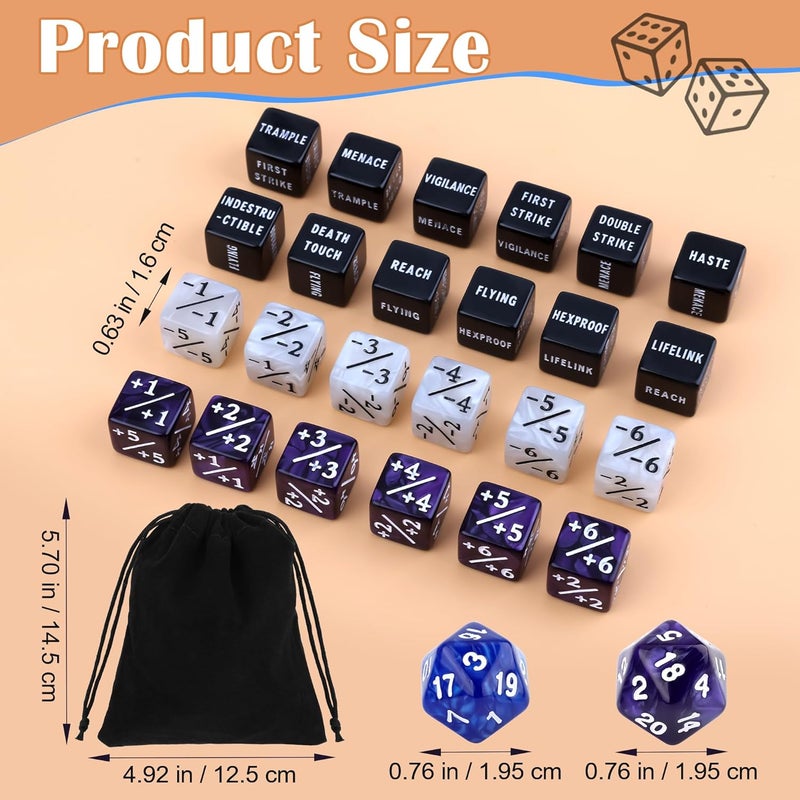 Anglekai 50PCS MTG Dice Counters, 24PCS Abilities Keywords/ 24P -1/+1 Buff Tokens/ 2P D20 Cube Dices/Storage Bag, MTG Counters for TCG Card Games - Image 2
